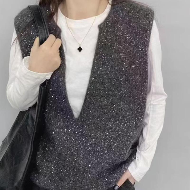 

Вязаный жилет с глубоким V-образным вырезом, чистая версия, с пайетками, многослойный жилет, женский, для работы, повседневный, универсальный, топ-жилет One size