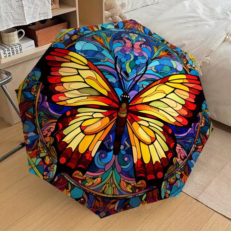 

1pc Butterfly Stained Glass Automatic Folding Umbrella Durable Iron Frame, Iron Umbrella Structure Suitable for All Seasons yy260203130
