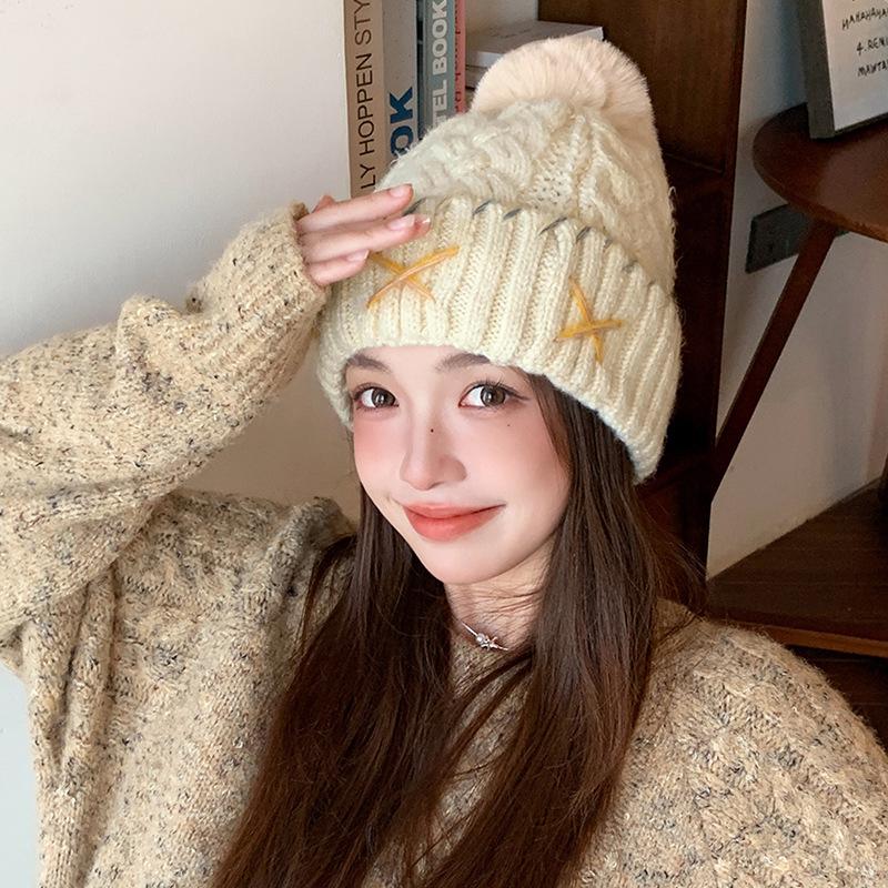 Knitted hat women's velvet thickened warm cold hat versatile ear protectors loose big head circumference hairball wool hat