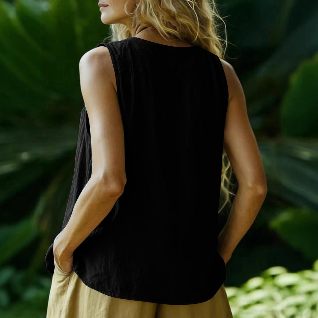 Sleeveless V Neck Button Front Casual Top Linen Cotton Blend Summer Shirt Lightweight Breathable Fabric Comfortable Fit