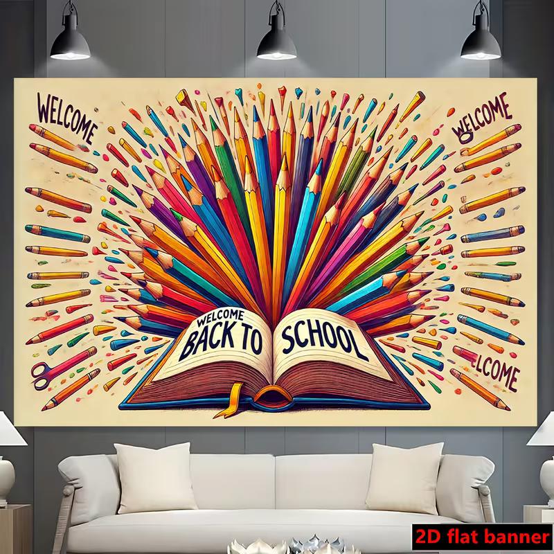 

2D Welcome Back to School Backdrop, Artistic Pencil & Book Party Background 47.2x31.5inch/120*80cm