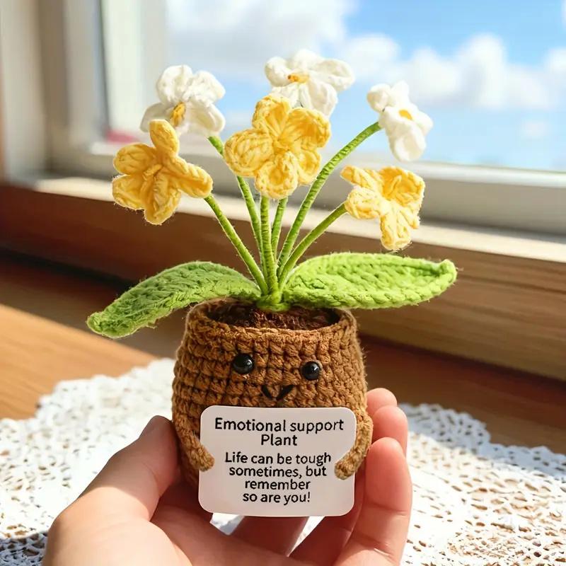 Handmade Crochet Sunflower Emotional Support Plant Desktop Ornament Adorable Potted Flower Decor with Inspirational Notes Gift