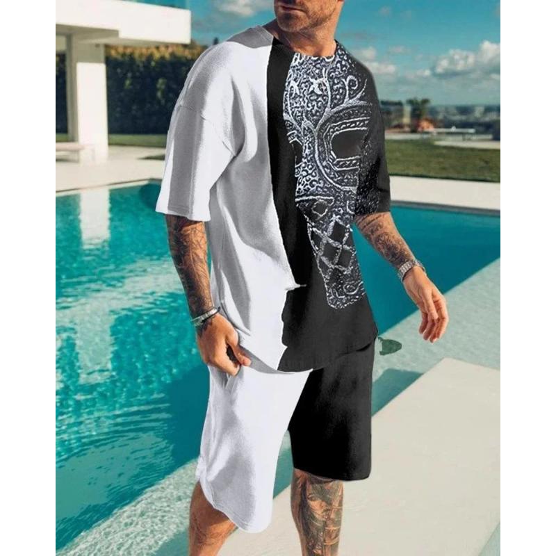 Men's Skull Print Short Sleeve T-Shirt Oversized Casual Sportswear Breathable Shorts 2024 Summer Fashion Shorts Short Sleeve Set