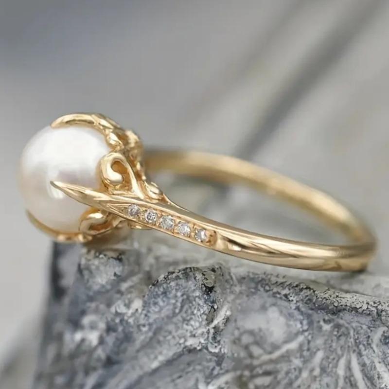 Minimalist Inlaid Imitation Pearl CZ Women's Ring Trendy Gold Color Geometry Daily Wear Party Jewelry Anniversary Gift