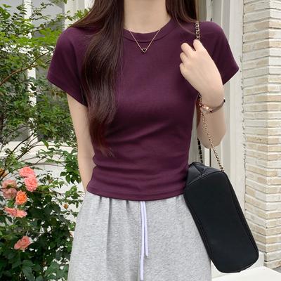 Purple American Retro Small Fly Sleeve Short Sleeve T-shirt Women's Summer High Waist Slim Fit Hot Girl Short French Top