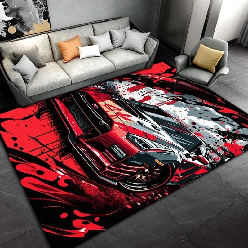 Large Size Car Themed Rug, Sports Car and Artistic Pattern Living Room Mat, Home Decor Carpet, Diverse Scene Floor Cover