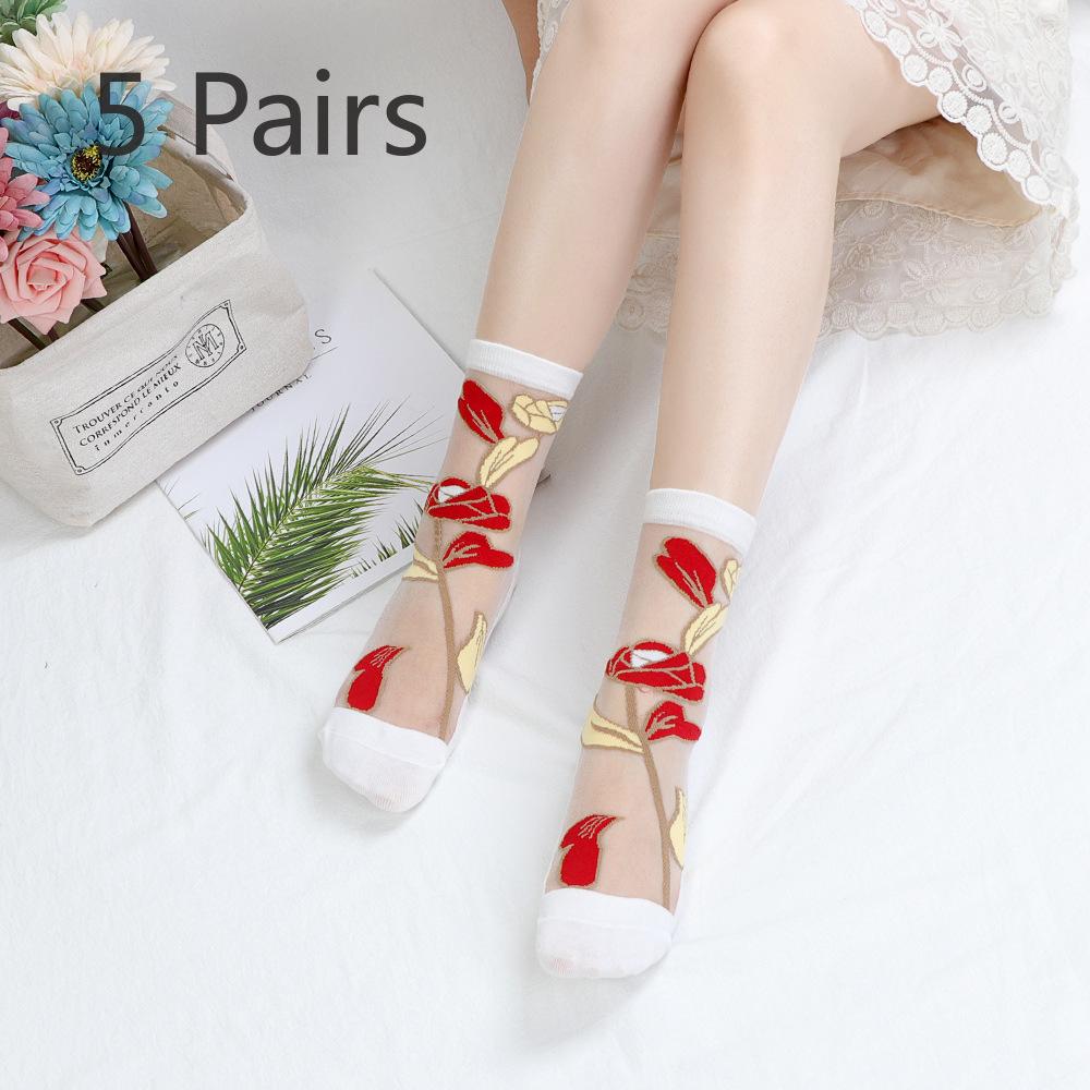 5 Pairs of Female Spring and Summer Cotton Bottom Lace Breathable Non Slip Transparent Sweat Absorbable Tube Socks