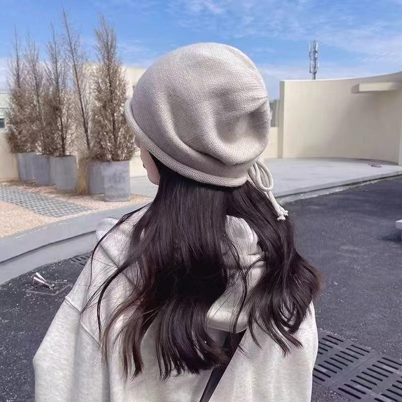 Women's Autumn Winter Wool Beanie: Warm, Knitted, Rolled Edge Design for Small Face