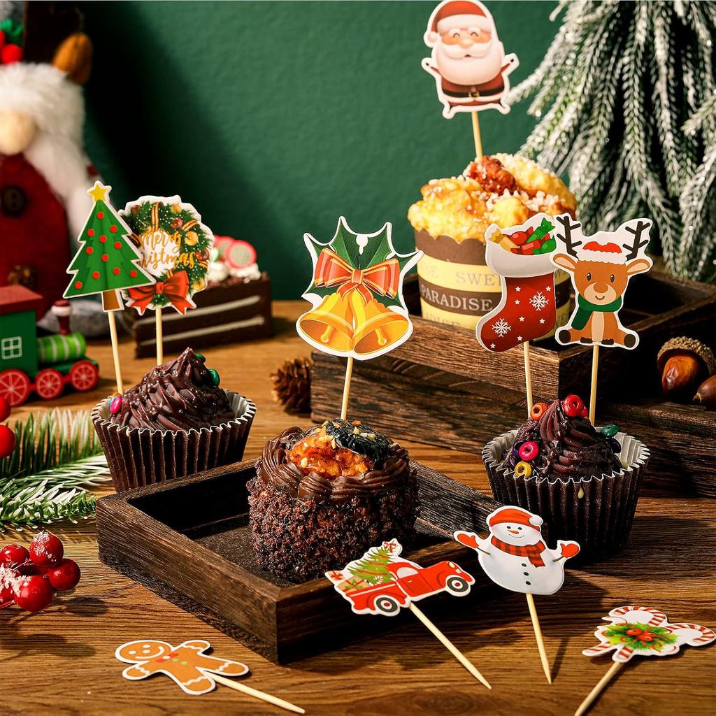 Weihnachts-Cupcake-Topper und Fruchtspieße Weihnachtsmann Schneemann Weihnachtsbaum Einweg-Lebensmittelspieße für Party-Kuchendekoration