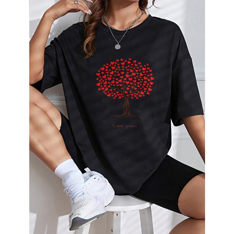 White T Shirt With Love Tree Heart Pattern And Love Grows Text For Casual Wear