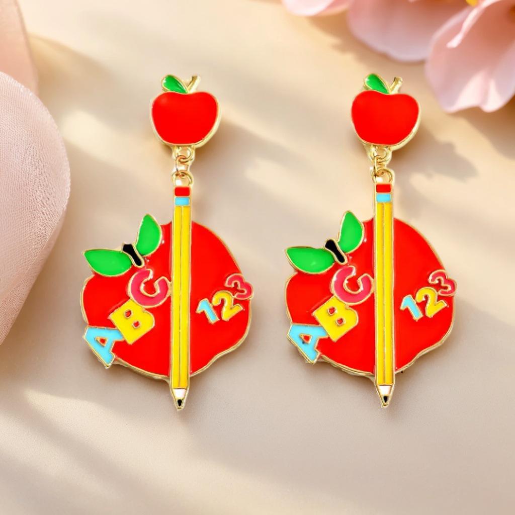 Metallic Apple Letter Pencil Earrings - Fashion Accessory for Back-to-School, Christmas & Halloween
