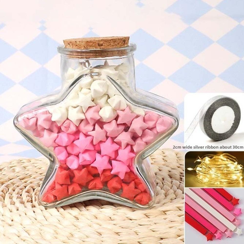 DIY DIY Stars Wishing Bottle Glass Bottle with Shiny String Lights Lucky Star Paper Folding Strips Decorative Rainbow Color