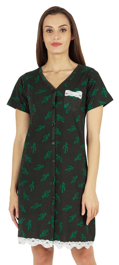 Inkmeso Printed V-Neck Nightgown Sleepwear For Womens Nightshirt Soft Button