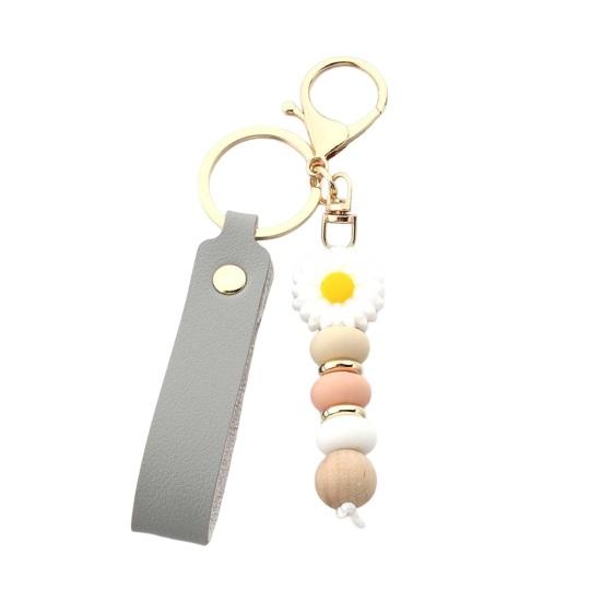 Aesthetic Key Ring Silicone Flower Keychain with Faux Leather Wristlet, Car Lanyard Pendant, Handbag Backpack Charm Wood Beads Bead Wristlet