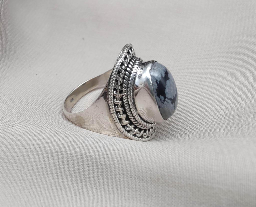 Snowflake Obsidian 925 Sterling Silver Ring: Handmade Boho Statement Jewelry