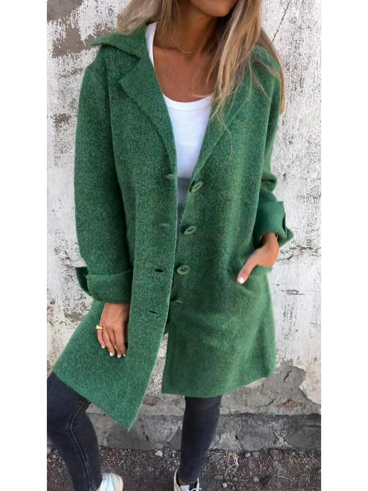 2024 Autumn/Winter Women's Mid-Length Cardigan: Solid Color, Turn-Down Collar, Pockets, Single-Breasted Design.