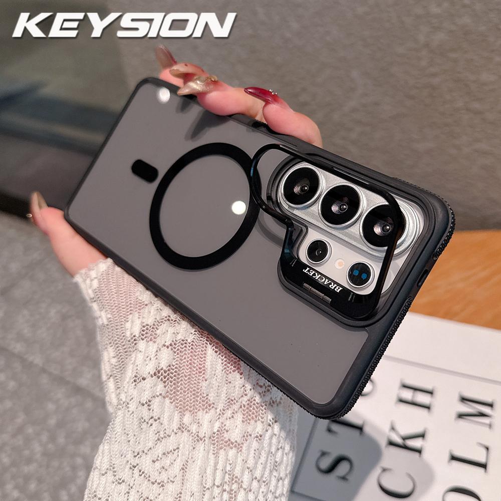 KEYSION Transparent Magnetic Lens Stand Case for Samsung Galaxy S25 S26 Ultra 5G S26+ Color Blocking Shockproof Phone Back Cover