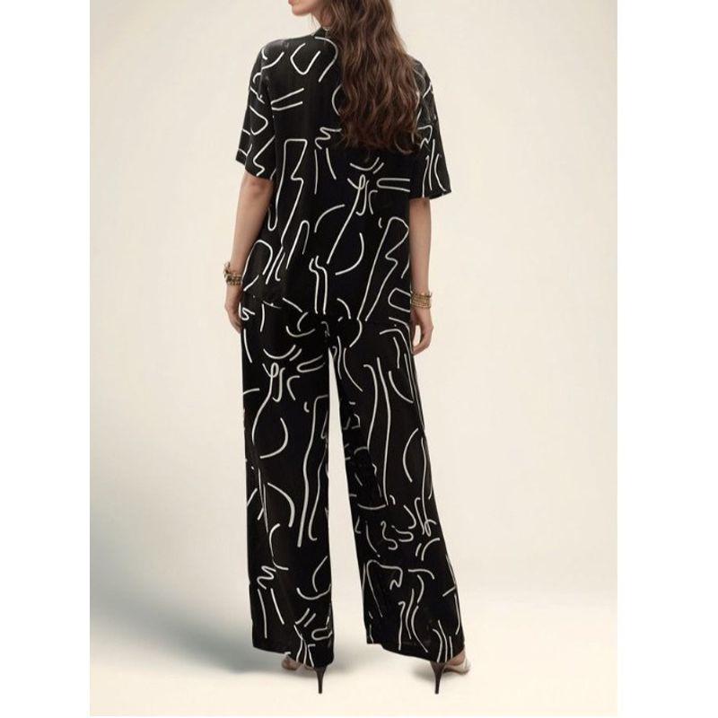 Fashion Wind Spring and Summer New Arrival V-neck Single Breasted Print Loose Short Sleeve Shirt Wide Leg Pants Casual Two-Piece Suit