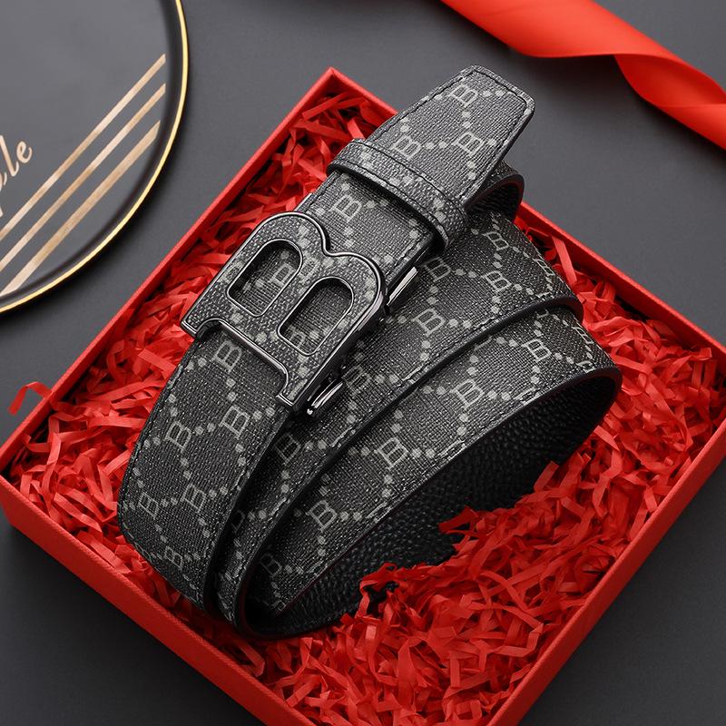Korean Style Automatic Buckle Genuine Leather Belt for Men with Old Flower Pattern