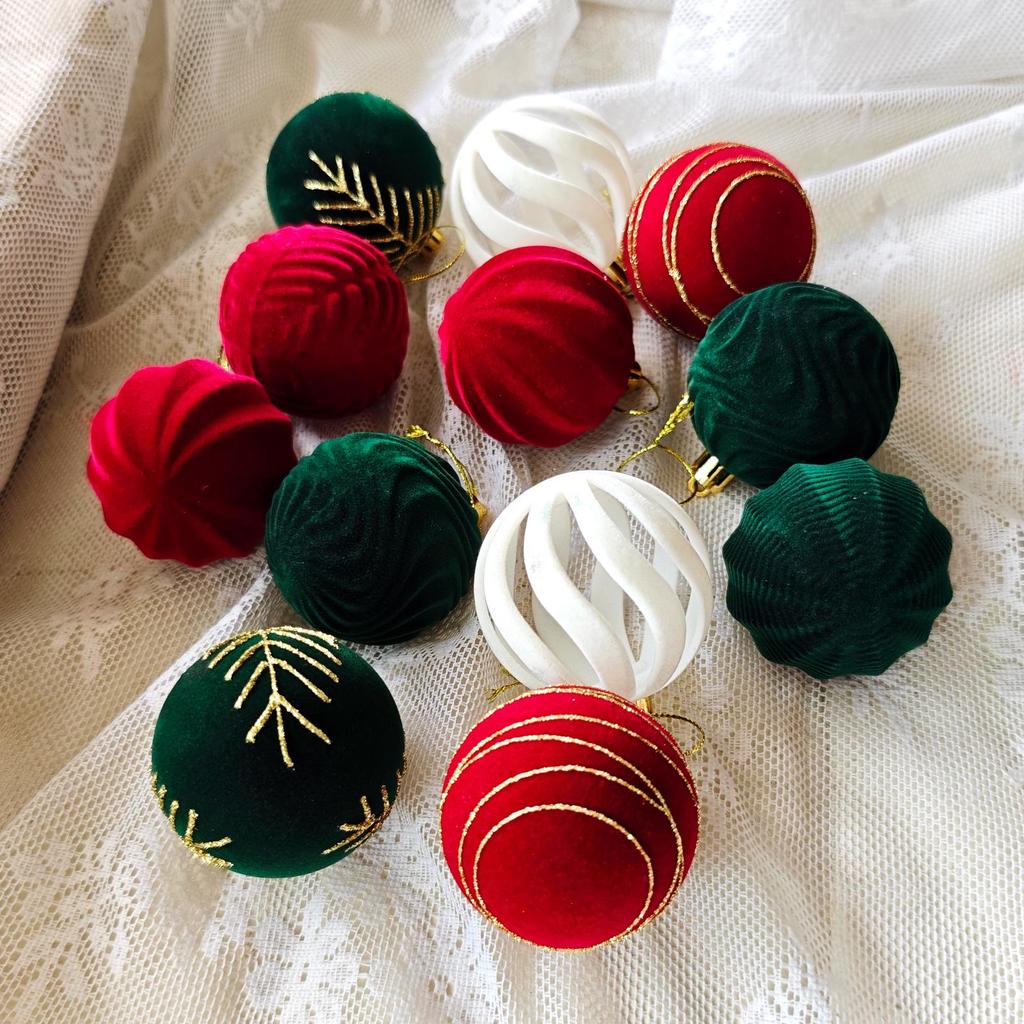 Velvet Flocked 6cm Plush Fabric Christmas Tree Ornaments, Set of 30 Pendants