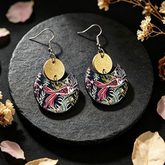 Vintage Black and Gold Floral Wooden Earrings: Round Leather Tree Design for Women