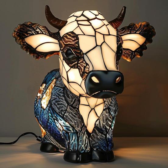 Highland Cow Table Lamp Bedside Table USB Powered Animal Night Light Resin Cow Desk Lamp for Bedroom Living Room Office
