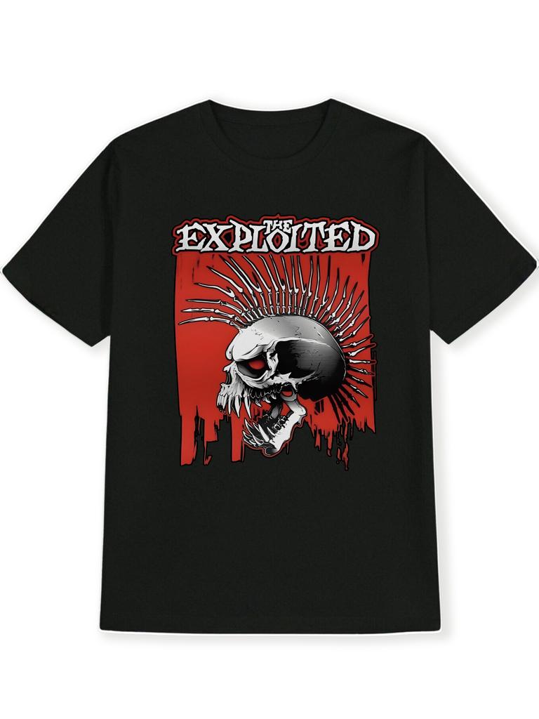 Unisex Black TShirt with Skull and Spiked Design Exploited Graphic Red Background Casual Summer Tee Round Neck Unisex Clothing