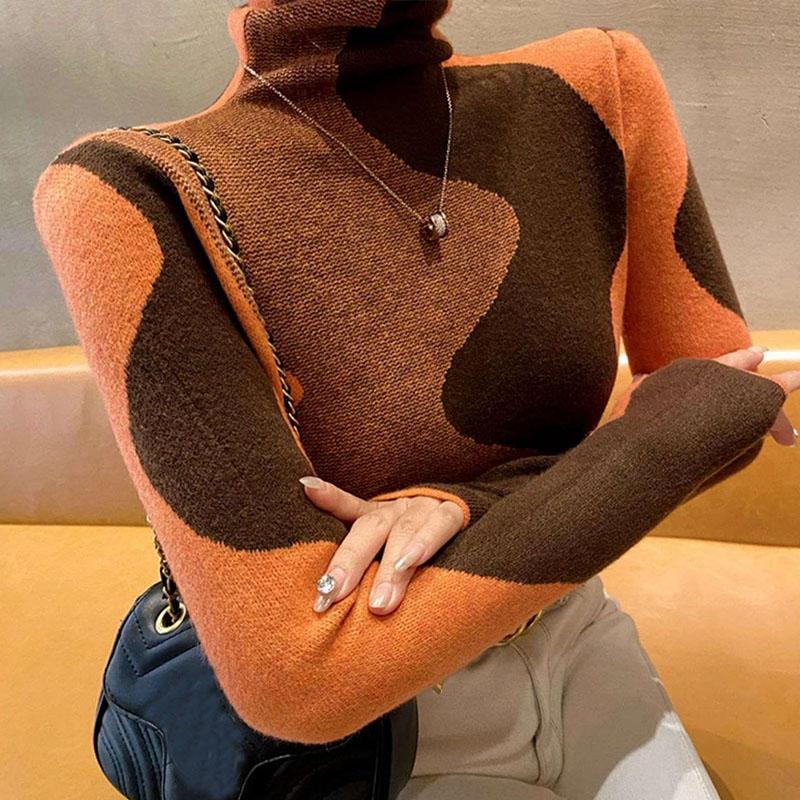 

Женский свитер с высоким воротом, осенне-зимний, новый базовый свитер на осень-зиму, высококачественный пуловер с цветными блоками, внутренний слой из трикотажа one size оранжевый