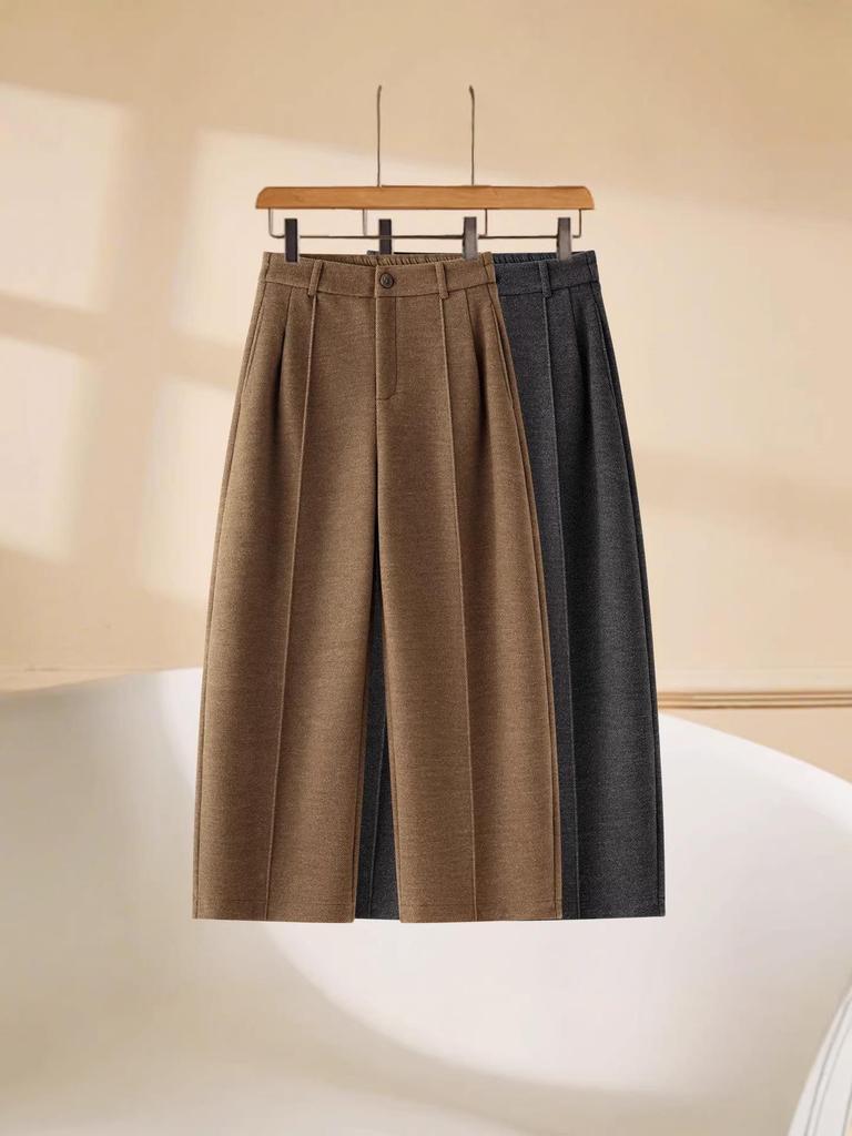 Women's Plus Velvet Wool-Blend Wide-Leg Scimitar Pants - Winter Warm, Thick, Short-Length, Straight-Cut, Nine-Point Casual Style