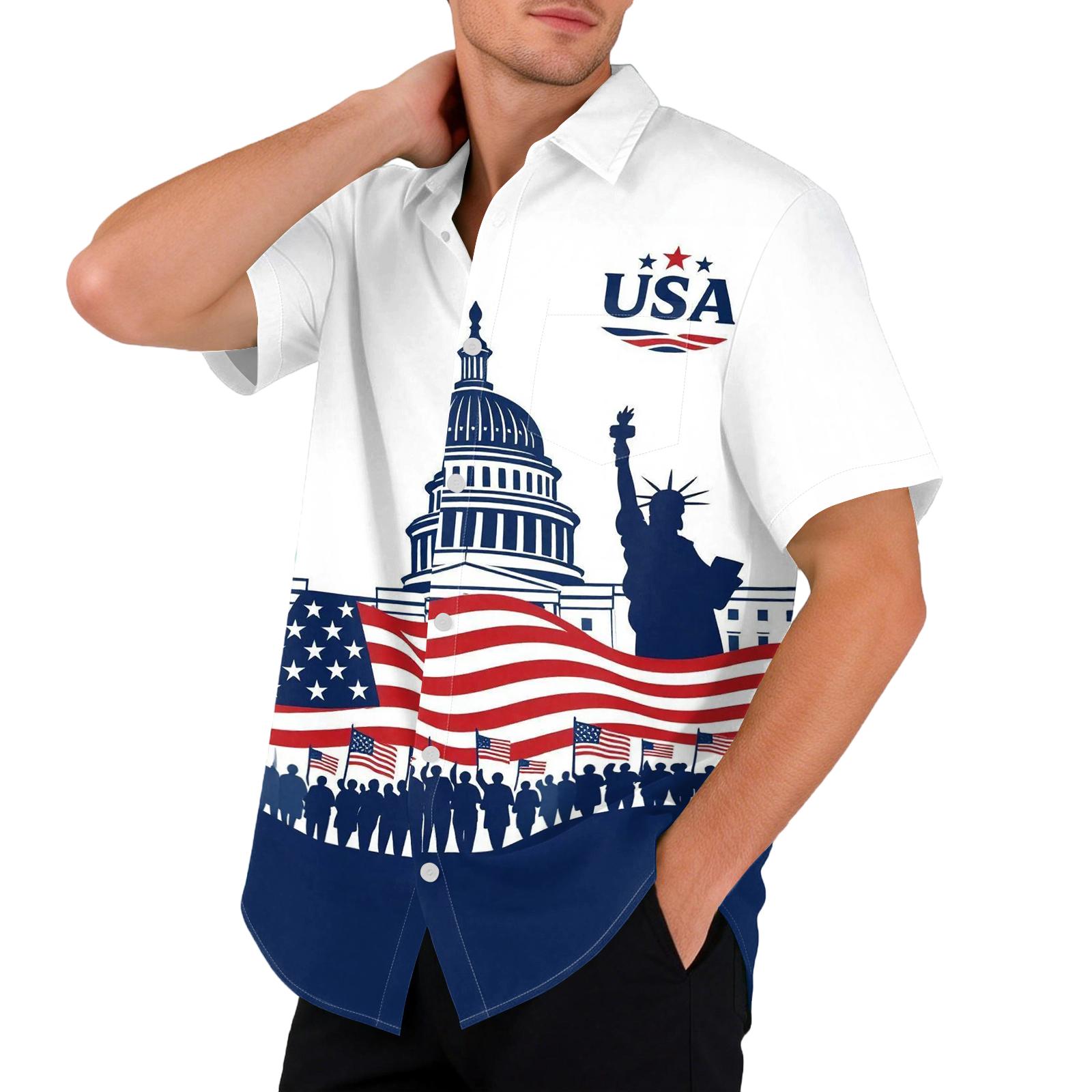 

Men s Casual Printed Short Sleeve Open Front Cardigan, Independence Day Festival Tops L синий