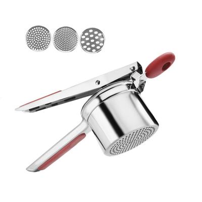 Stainless Steel Potato Masher Manual Silicone Handle Juice Squeezer with 3 Interchangeable Discs Hand Press Potato Ricer Maker
