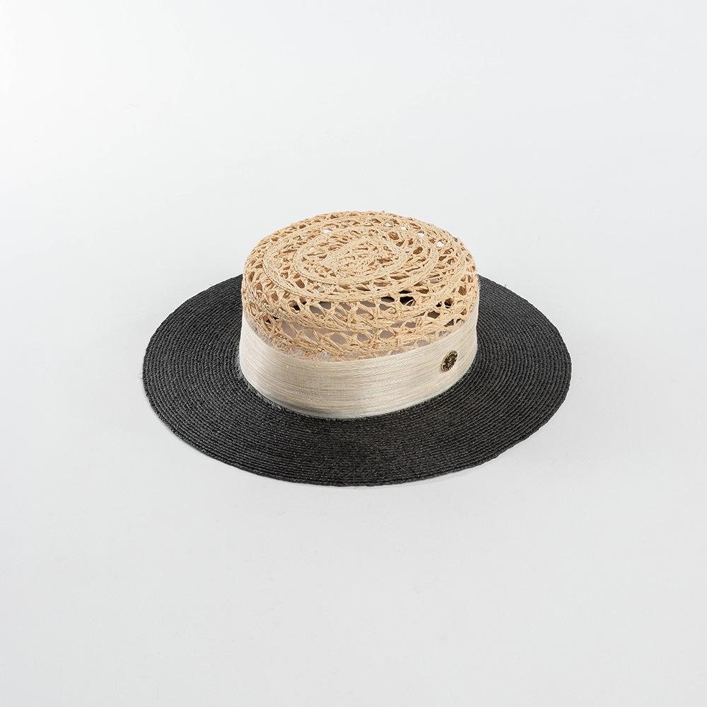 

USPOP Summer Fashion Casual Hand-woven Hollow Top Raffia Sun Hat with Silk Linen Ribbon Flat Top Straw Hat Sunshade 56-58cm