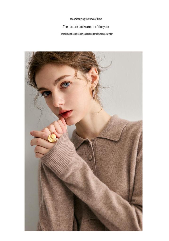 Women's 100% Pure Cashmere Polo Collar Sweater - Autumn/Winter Long Sleeve Loose Knitted Pullover