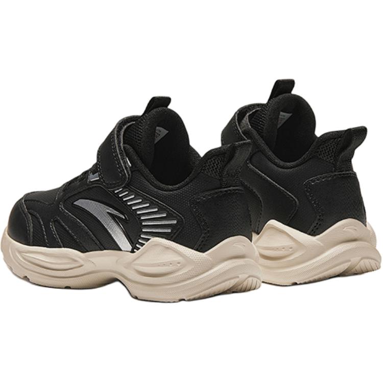 Anta Kids Synthetic Leather Comfortable Velcro Lightweight Shock Absorption Low Top Running Shoes Kids Running Shoes Black Silver A12439952N-1