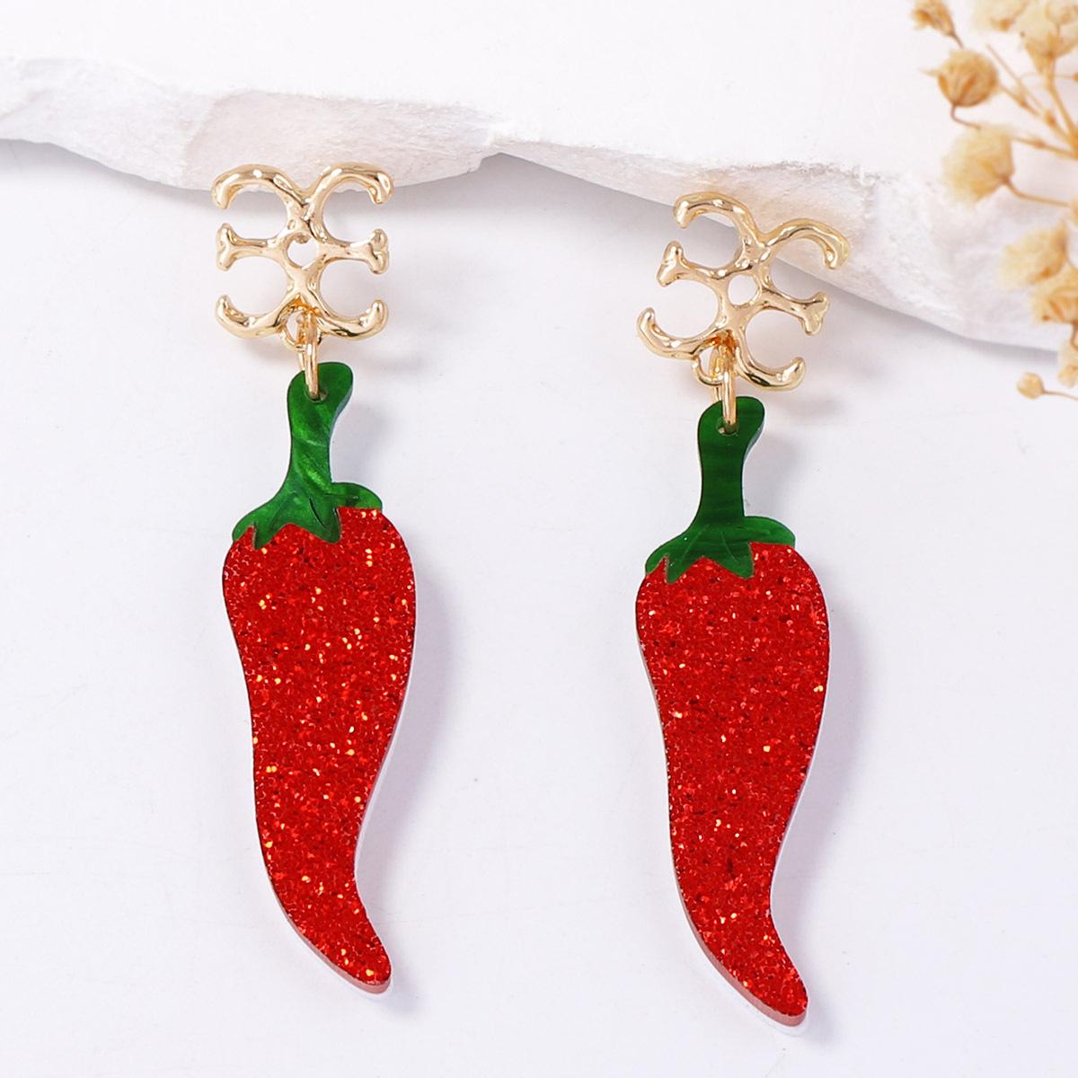 

Personalized, trendy, creative and design-oriented acrylic sparkling pink chili pepper pendant earrings, a niche daily accessory