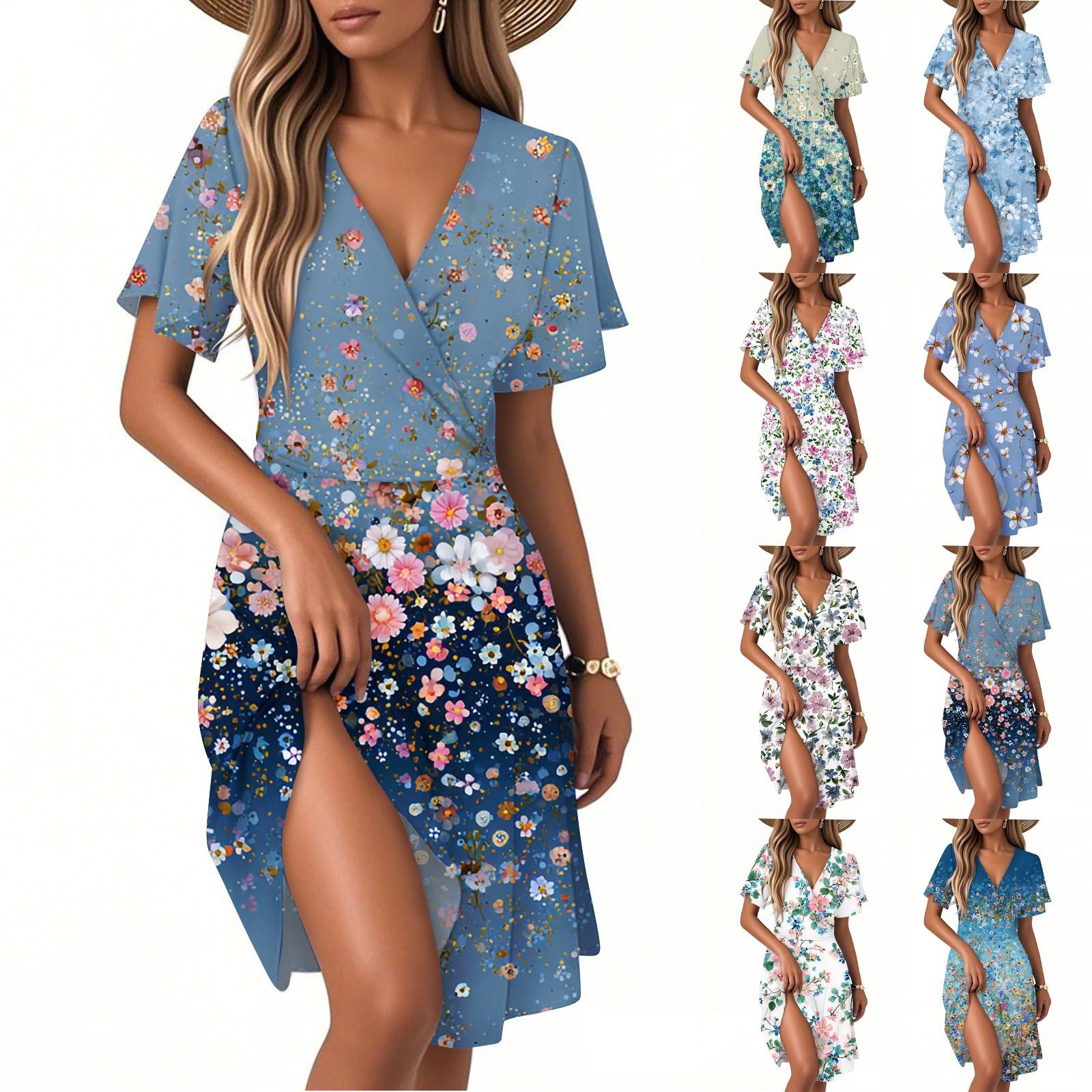 

Women s Fashion Short Sleeve Wrap Sundress V-Neck Floral Print Dresses S