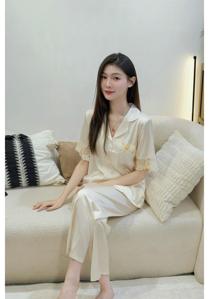 Elegant Ice Silk Women's Pajamas: Summer Short Sleeve, Light Luxury, Versatile Home Wear, Douyin's Hot Seller