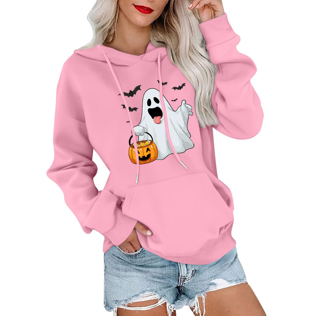 Dámský módní, ležérní, pohodlný svetr s kulatým výstřihem, s kapucí, s dlouhým rukávem, s halloweenským potiskem, hřejivý
