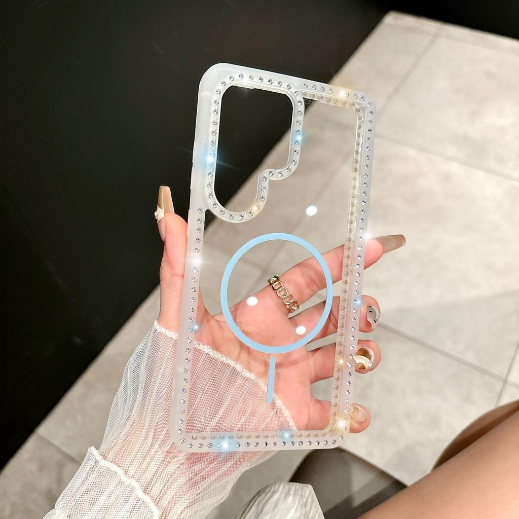 Luxury Diamond-Studded Magnetic Transparent Phone Case for S25ULTRA A56 A15 S24
