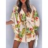 2026 Frühling Damen V-Ausschnitt Fledermausärmel Tropischer Print Kordelzug Taille Mini Strandkleid Urlaubs Überwurf Kurzes Kleid