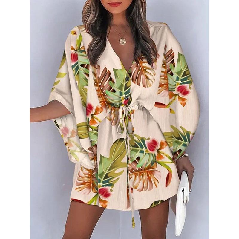 2026 Frühling Damen V-Ausschnitt Fledermausärmel Tropischer Print Kordelzug Taille Mini Strandkleid Urlaubs Überwurf Kurzes Kleid