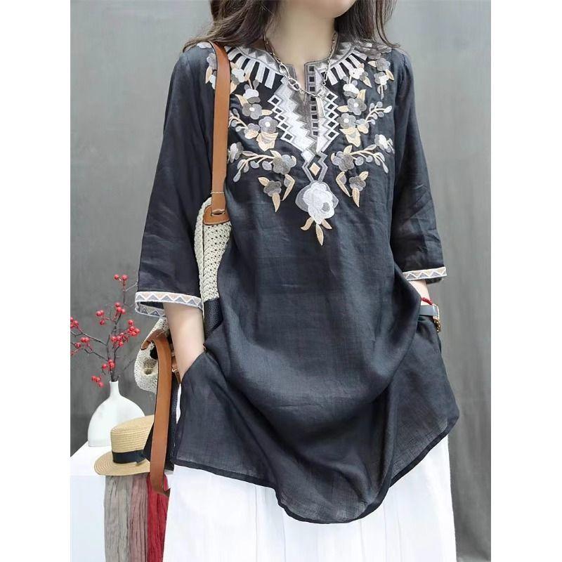 Summer Heavy Industry Women's Vintage Embroidered Medium-length Loose Cotton and Linen Stylish Casual Pullover Top