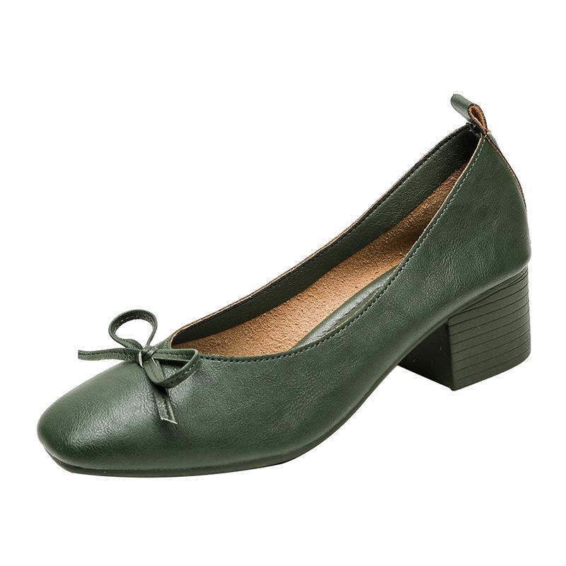 Leather V-mouth single shoes women's thick heel square head soft leather soft sole not tired foot bow retro commuter shallow mouth Mary Jane