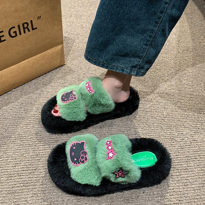 Internet Celebrities One Word Warm Thick Bottom Heightening Fluffy Slippers Women Wear 2025 New Autumn and Winter Super Fire Non-slip Cotton Slippers