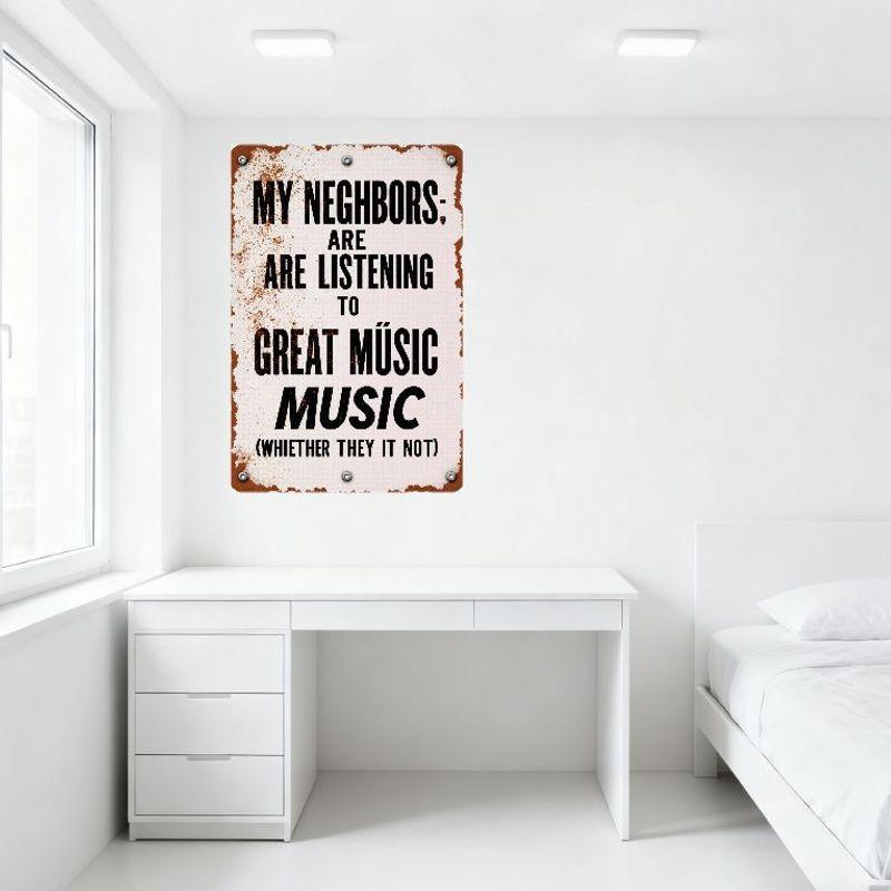 Vintage Style My Neighbors Are Listening to Great MÚSIC (WHIETHER) Metal Tin Sign, Distressed Rusty Border, Home Bar Cafe Decor