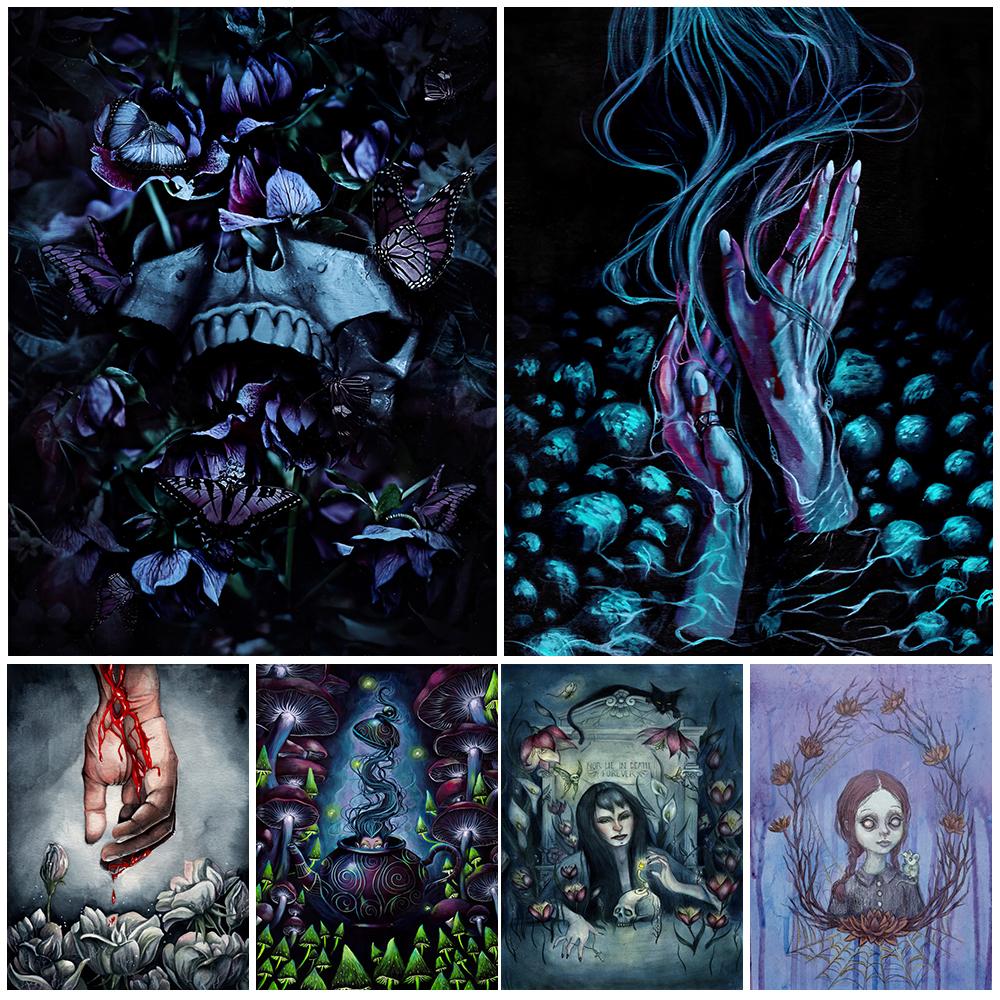 

Гриб и цветок смерти Готический ужас Искусство Настенная картина маслом Ведьма, абстрактное искусство Плакат колдовства