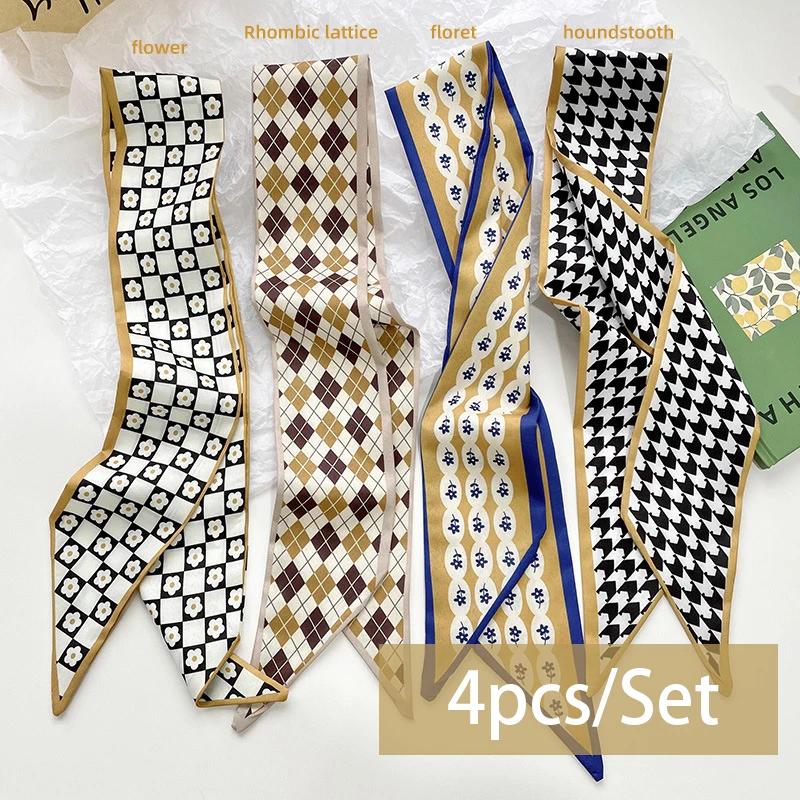 

4 шт./компл. шелковый атласный шарф для женщин, тканевые повязки для волос, аксессуары для головных уборов, женские шарфы, ленты, завязки для ручек сумок