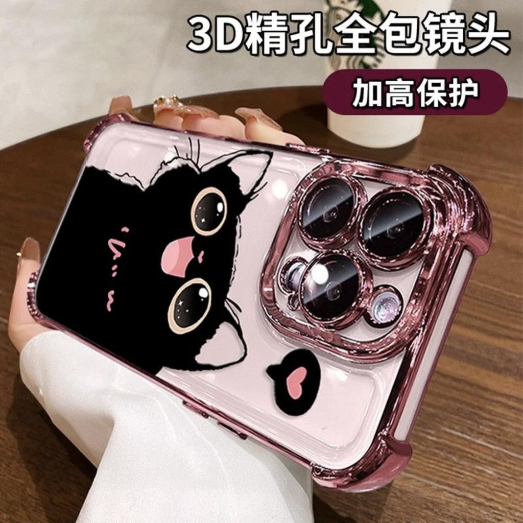 Applicable to Redmi 14C cute black cat four corners anti-drop electroplating mobile phone case Xiaomi 15T transparent lens film cartoon case
