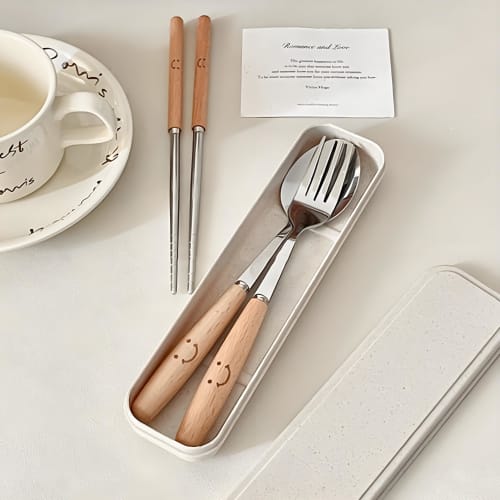 IOLOYU Stainless Steel Chopsticks and Cutlery Set, Includes Spoon and Fork, Perfect for Lunchboxes, Non-Slip Chopsticks, Portable Fork and Spoon Set,