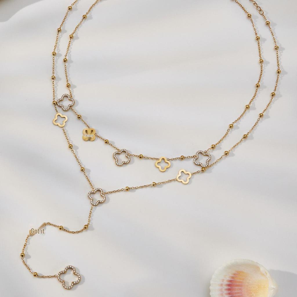 18K Gold-Plated Y-Shaped Tassel Necklace with Ultra-Shiny Zircon and Lucky Flower Design